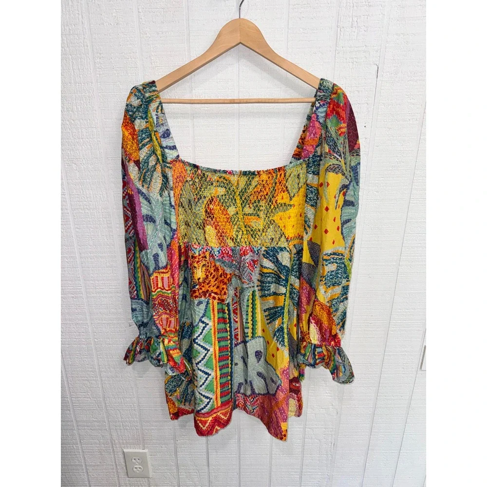 Farm Rio Smocked Blouse Women Multicolor Tropical Patchwork Metallic Medium